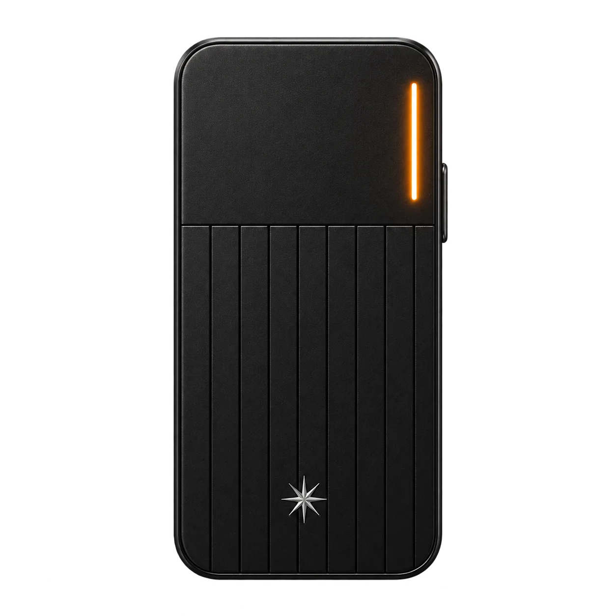 Pocket Agent’s black ribbed device with its amber indicator illuminated